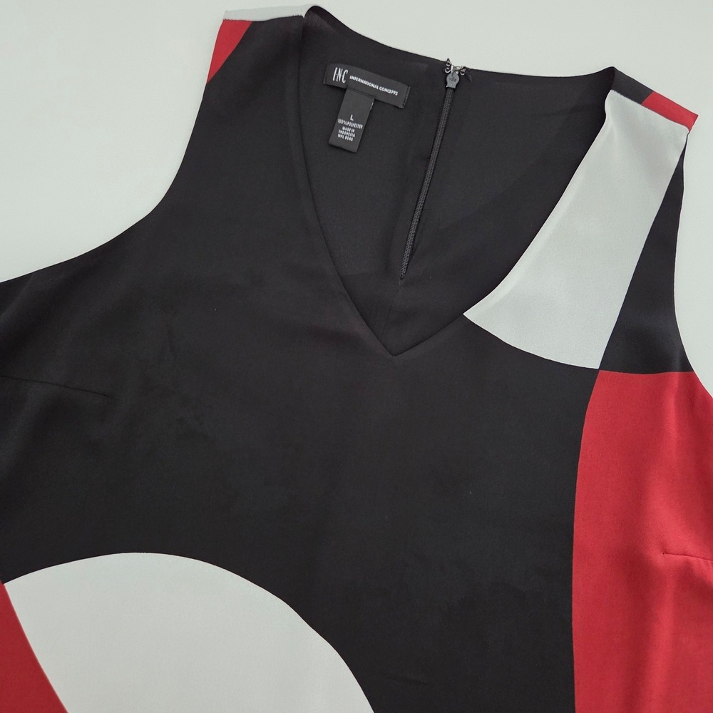 INC Blouse Black Red Geometric Colorblock V-Neck Women Size L